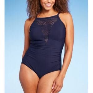 Aqua Green Women True Navy UPF 50 Crochet High Neck One Piece Swimsuit XL(16/18)